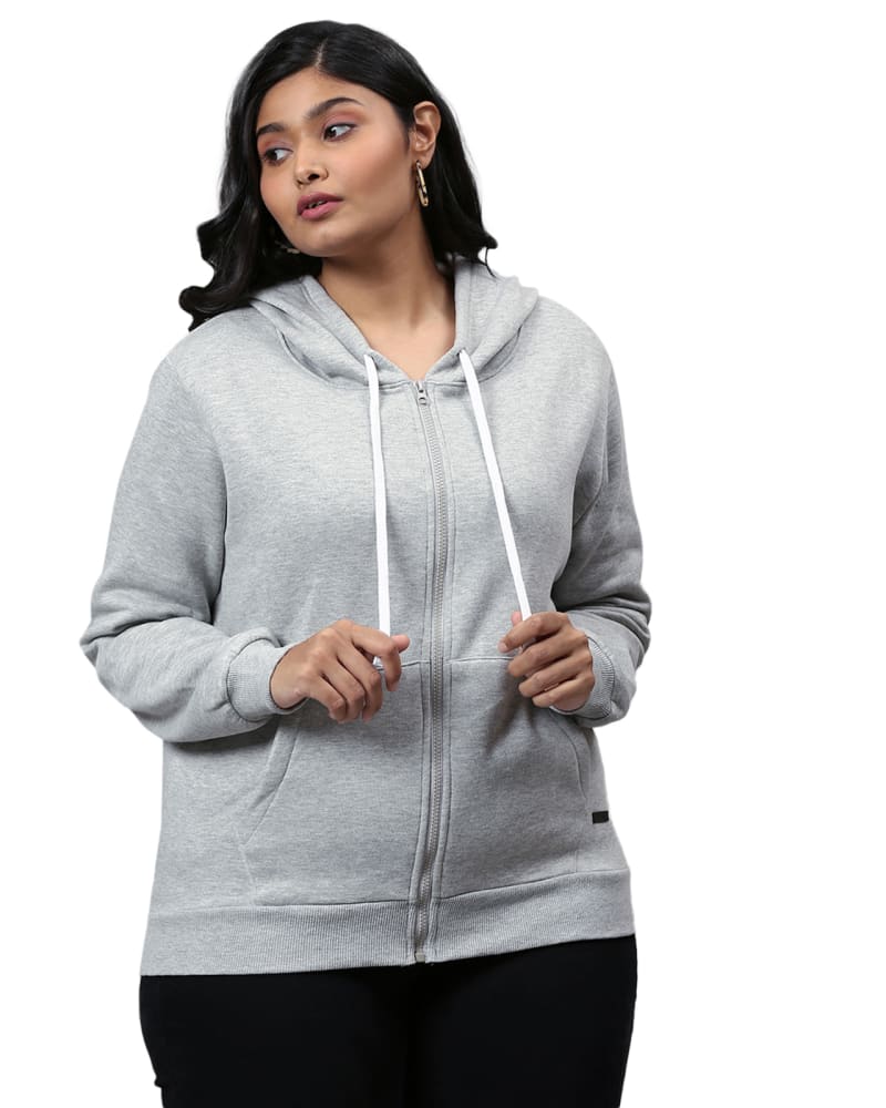 Front of a model wearing a size 4XL Solid Grey Front Zip Hooded Sweatshirt in Light Grey by Instafab Plus. | dia_product_style_image_id:298306